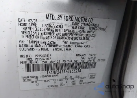 2007 Ford Five Hundred Sel from USA, damaged, VIN 1FAHP24117G155256